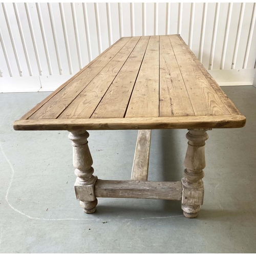 131 - HARVEST TABLE, traditional English planked and cleated on substantial turned stretchered supports, 3... 