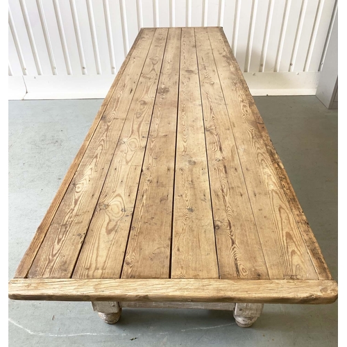 131 - HARVEST TABLE, traditional English planked and cleated on substantial turned stretchered supports, 3... 