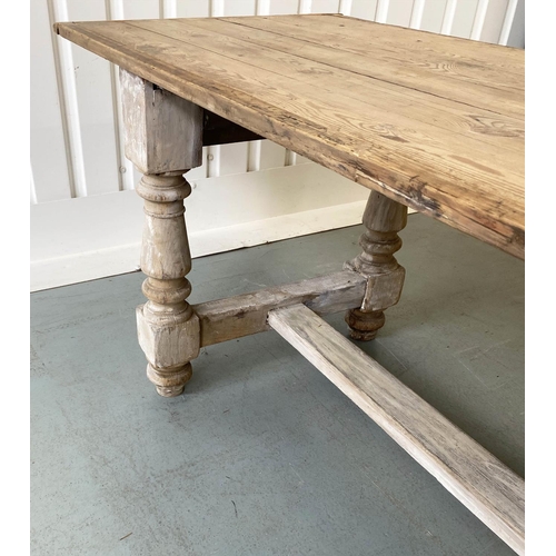 131 - HARVEST TABLE, traditional English planked and cleated on substantial turned stretchered supports, 3... 