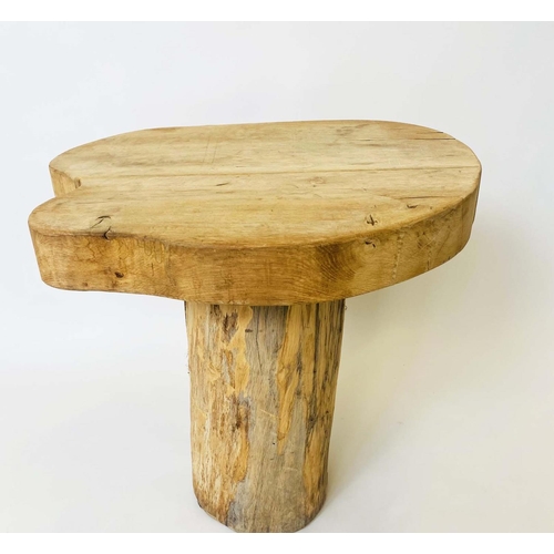 144 - CONSOLE/OCCASIONAL TABLE, rustic random oak tree section raised upon trunk pedestal, 77cm x 55cm D x... 