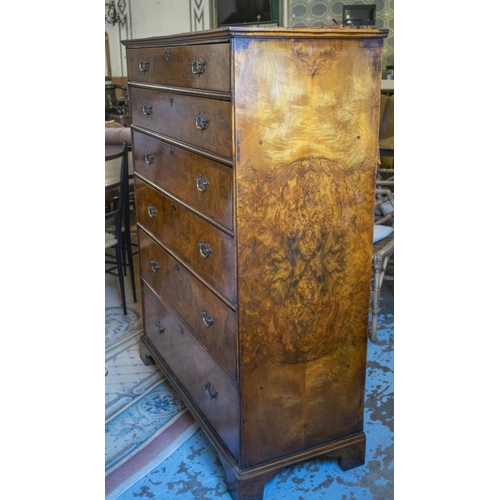 174 - TALL CHEST, late 19th century, re veneered burr walnut in George II style, with five drawers, 143cm ... 