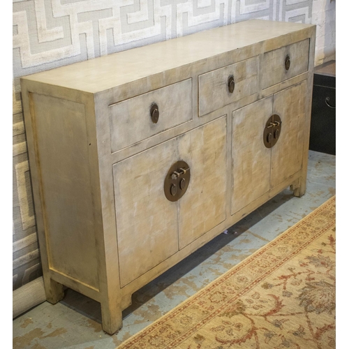 176 - SIDEBOARD, Chinese silvered with three drawers above four doors, 85cm H x 141cm x 33cm.