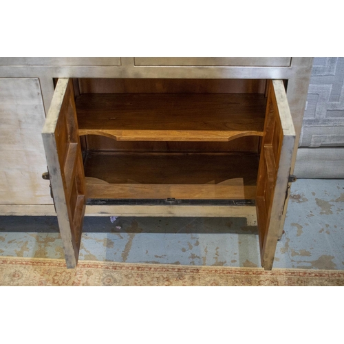 176 - SIDEBOARD, Chinese silvered with three drawers above four doors, 85cm H x 141cm x 33cm.