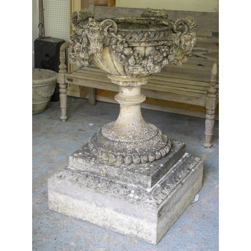 179 - GARDEN URN, 18th century style reconstituted stone with swag and rams head decoration, 103cm H x 70c... 