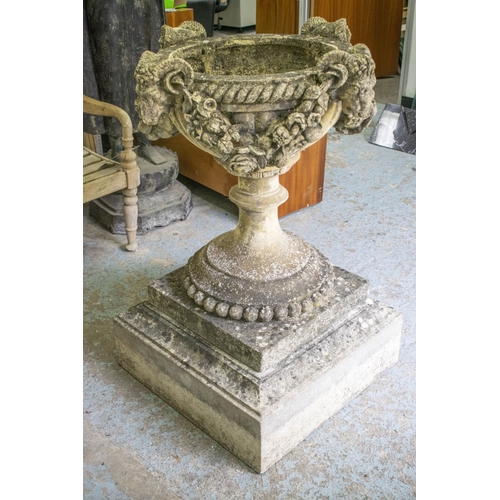 179 - GARDEN URN, 18th century style reconstituted stone with swag and rams head decoration, 103cm H x 70c... 