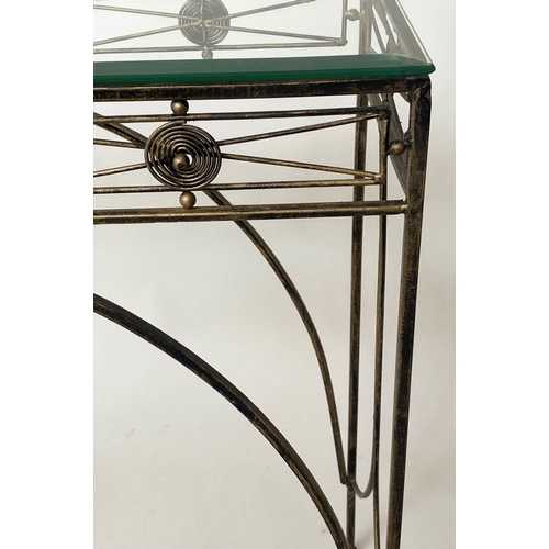 353 - CONSOLE TABLE, Spanish style gilt metal, with bevelled glass and arched supports, 91cm x 80cm H x 30... 