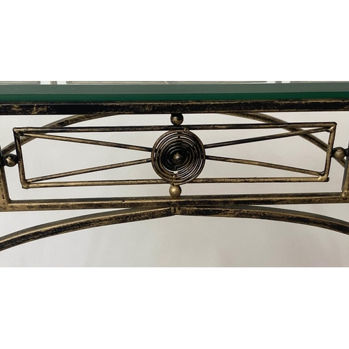 353 - CONSOLE TABLE, Spanish style gilt metal, with bevelled glass and arched supports, 91cm x 80cm H x 30... 