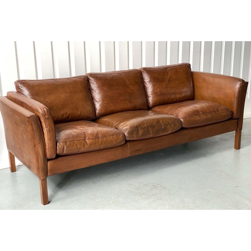 356 - SOFA, 1970s Scandinavian, tan grained hid with seat and back cushions and teak supports, 212cm W.