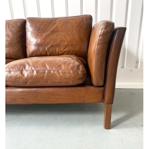 356 - SOFA, 1970s Scandinavian, tan grained hid with seat and back cushions and teak supports, 212cm W.