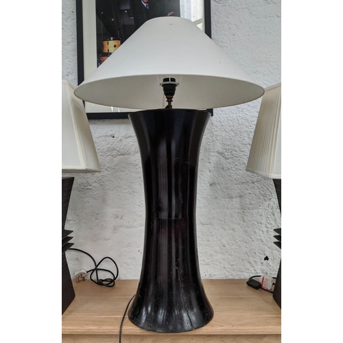 367 - TABLE LAMPS, a pair, 73cm H with shades, and another of differing design, 91cm H with shade. (3)