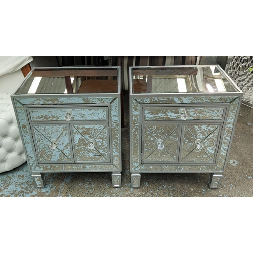 369 - MIRRORED SIDE CHESTS, a pair, each with a drawer above cabinet compartment, 55cm x 40cm x 60cm. (2)