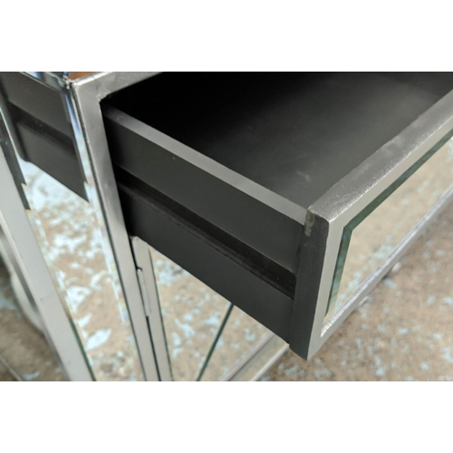 369 - MIRRORED SIDE CHESTS, a pair, each with a drawer above cabinet compartment, 55cm x 40cm x 60cm. (2)