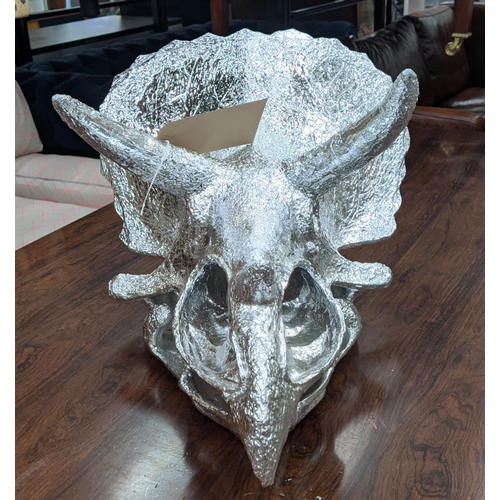 377 - FAUX TRICERATOPS SKULL, resin, silvered finish, 34cm x 60cm x 45cm.