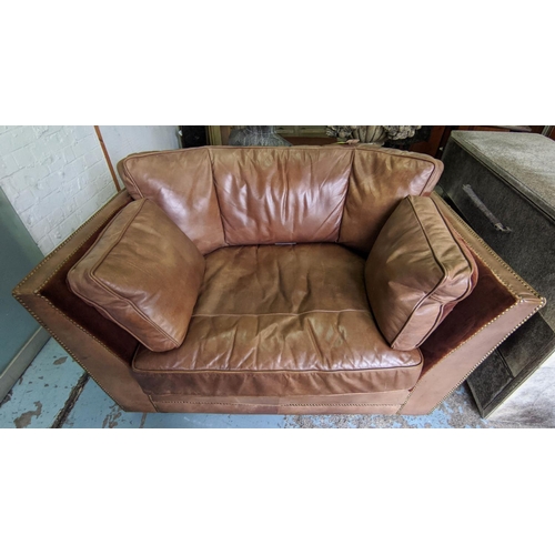 384 - SOFA, tan leather and velvet, studded detail, 138cm W.