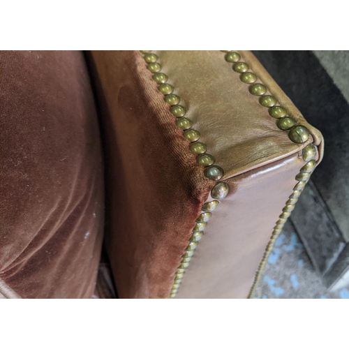 384 - SOFA, tan leather and velvet, studded detail, 138cm W.