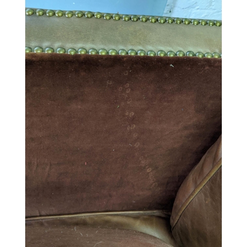 384 - SOFA, tan leather and velvet, studded detail, 138cm W.