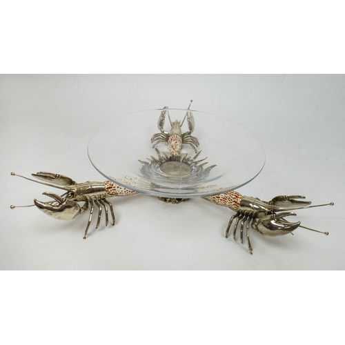 4 - CENTREPIECE LOBSTER BOWL, with glass bowl and three metal and shell lobster supports, 60cm D.