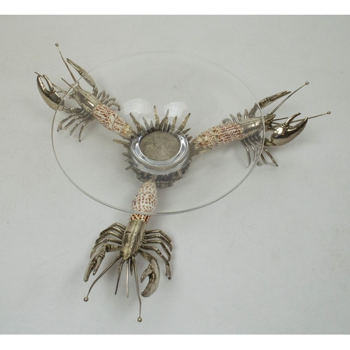 4 - CENTREPIECE LOBSTER BOWL, with glass bowl and three metal and shell lobster supports, 60cm D.