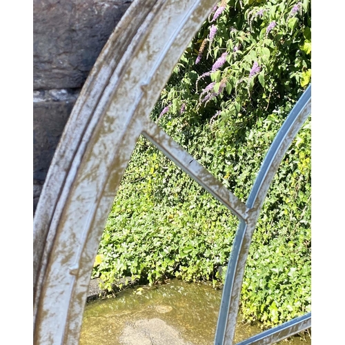 400 - ARCHITECTURAL GARDEN WALL MIRRORS, a pair, aged metal frames, 160cm x 67cm. (2)