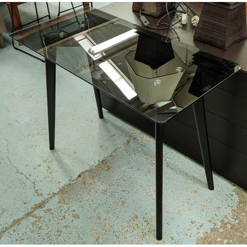 411 - CONSOLE TABLE, contemporary design ebonised base, smoked glass top, 100cm x 50cm x 75cm.