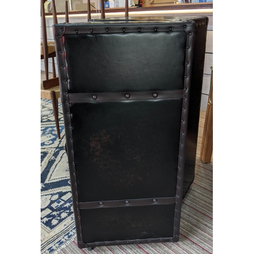 476 - CAMPAIGN STYLE DRINKS CABINET, luggage inspired design, 85cm x 62cn x 104cm open at largest.