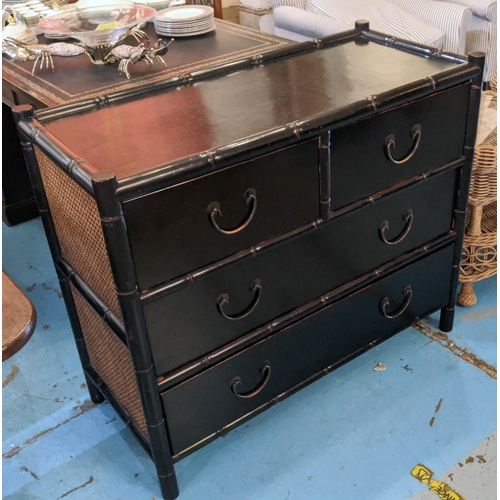 482 - CHEST OF DRAWERS AND MIRROR, chest with faux bamboo and rattan design, with basket weave frame mirro... 