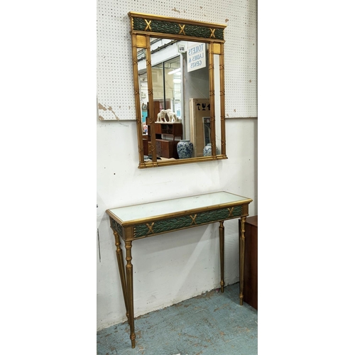 488 - CONSOLE TABLE, 95cm W x 83cm H x 35cm D gilt effect with a mirrored glass top on fluted turned suppo... 