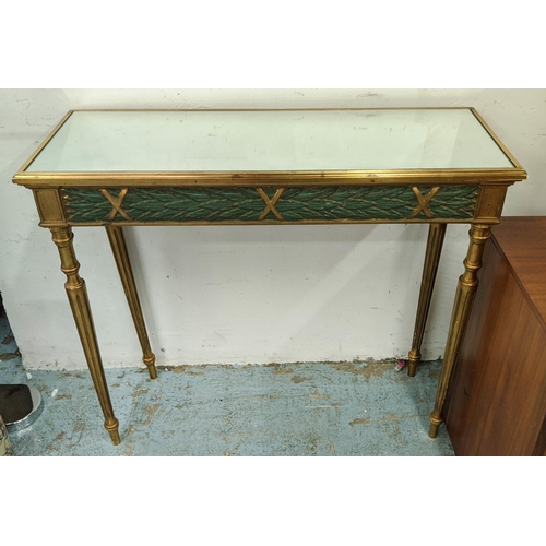 488 - CONSOLE TABLE, 95cm W x 83cm H x 35cm D gilt effect with a mirrored glass top on fluted turned suppo... 