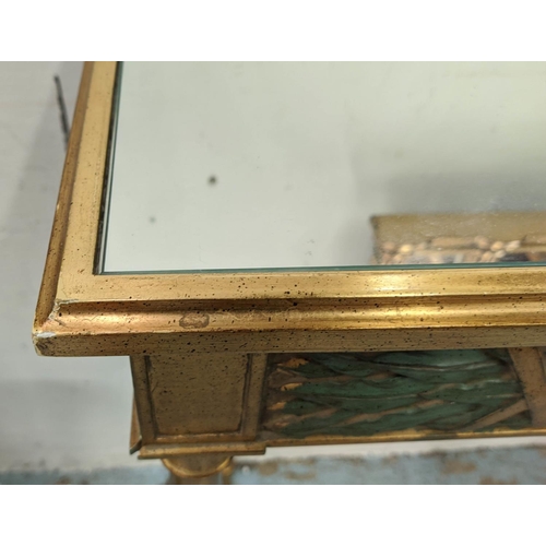 488 - CONSOLE TABLE, 95cm W x 83cm H x 35cm D gilt effect with a mirrored glass top on fluted turned suppo... 