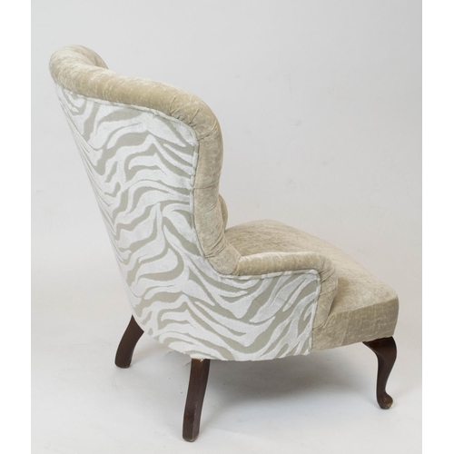 77 - SLIPPER CHAIR, fawn velvet and white patterned chenile, 86cm H x 65cm W.