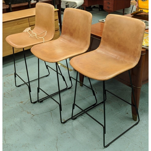 281 - LEATHER BAR STOOLS, a set of three, Danish by Frederica designer Welling/Ludvik. (3)