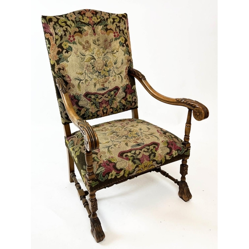 284 - OPEN ARMCHAIR, Louis XIII design walnut with petit point upholstery, 122cm x 67cm W.