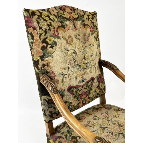 284 - OPEN ARMCHAIR, Louis XIII design walnut with petit point upholstery, 122cm x 67cm W.