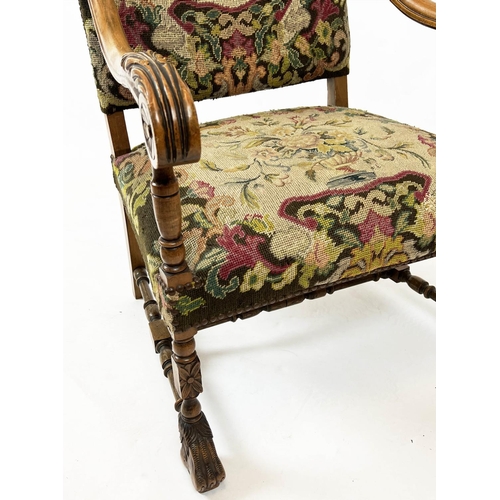 284 - OPEN ARMCHAIR, Louis XIII design walnut with petit point upholstery, 122cm x 67cm W.