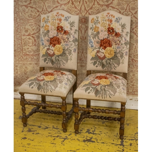 285 - DINING CHAIRS, a set of eight, Louis XIV style ash in rose patterned tapestry design covers, 116cm H... 