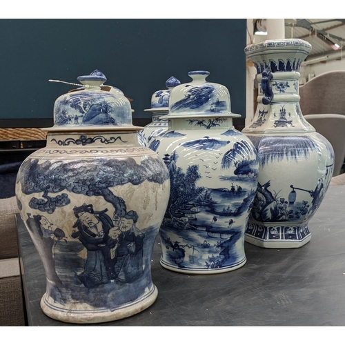 317 - TEMPLE JARS, a set of two Chinese export style, blue and white ceramic differing decoration and a va... 