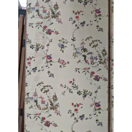 321 - WALL PANELS, a set of three upholstered in a Chinese pattern, 275cm x 122cm at largest. (3)