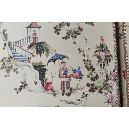 321 - WALL PANELS, a set of three upholstered in a Chinese pattern, 275cm x 122cm at largest. (3)