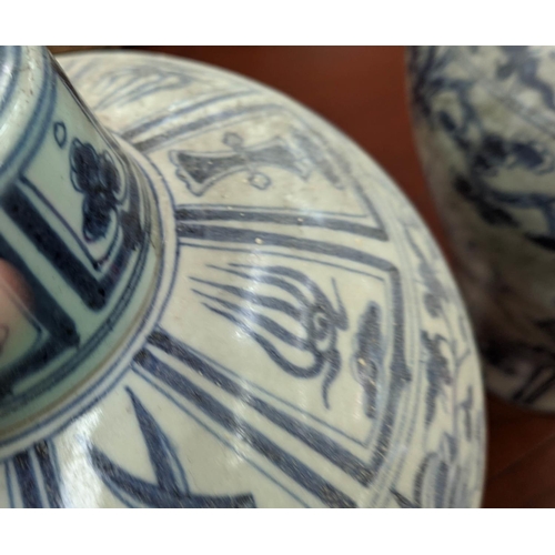 322 - PLUM VASES WITH COVERS, a set of three Chinese export style, blue and white, 48cm H. (3)