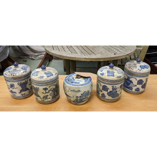 326 - JARS WITH COVERS, a set of four, Chinese export style, blue and white ceramic, and one other, 18cm a... 