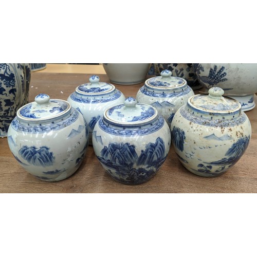 324 - JARS WITH COVERS, a set of five, Chinese export style, blue and white ceramic, 15cm H. (5)