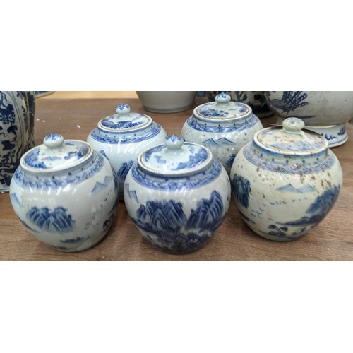 324 - JARS WITH COVERS, a set of five, Chinese export style, blue and white ceramic, 15cm H. (5)