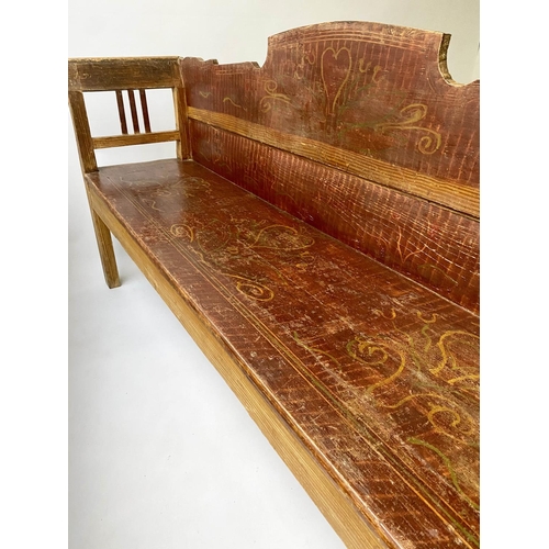 310 - HUNGARIAN SEAT, 19th century pine, with original painted decoration, 193cm W.