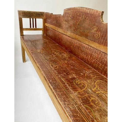 310 - HUNGARIAN SEAT, 19th century pine, with original painted decoration, 193cm W.