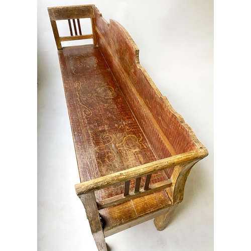 310 - HUNGARIAN SEAT, 19th century pine, with original painted decoration, 193cm W.