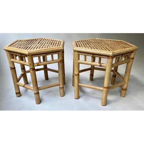 311 - OCCASIONAL TABLES, a pair, hexagonal bamboo and split cane, 48cm x 42cm H. (2)