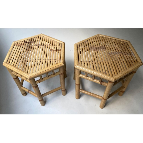 311 - OCCASIONAL TABLES, a pair, hexagonal bamboo and split cane, 48cm x 42cm H. (2)