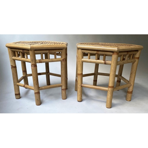 311 - OCCASIONAL TABLES, a pair, hexagonal bamboo and split cane, 48cm x 42cm H. (2)