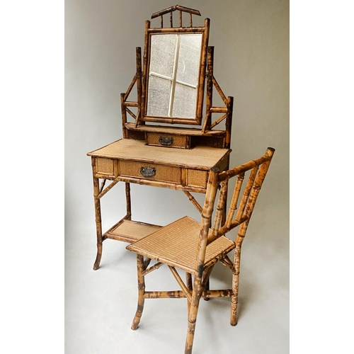 312 - BAMBOO DRESSING TABLE, Victorian bamboo and wicker panelled with matching chair, 75cm x 158cm H x 43... 