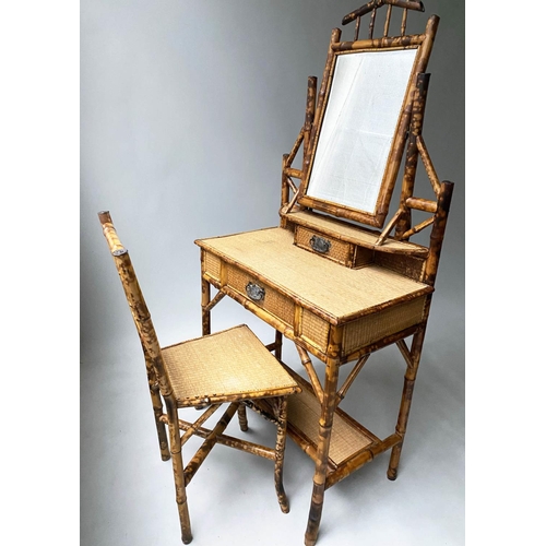 312 - BAMBOO DRESSING TABLE, Victorian bamboo and wicker panelled with matching chair, 75cm x 158cm H x 43... 